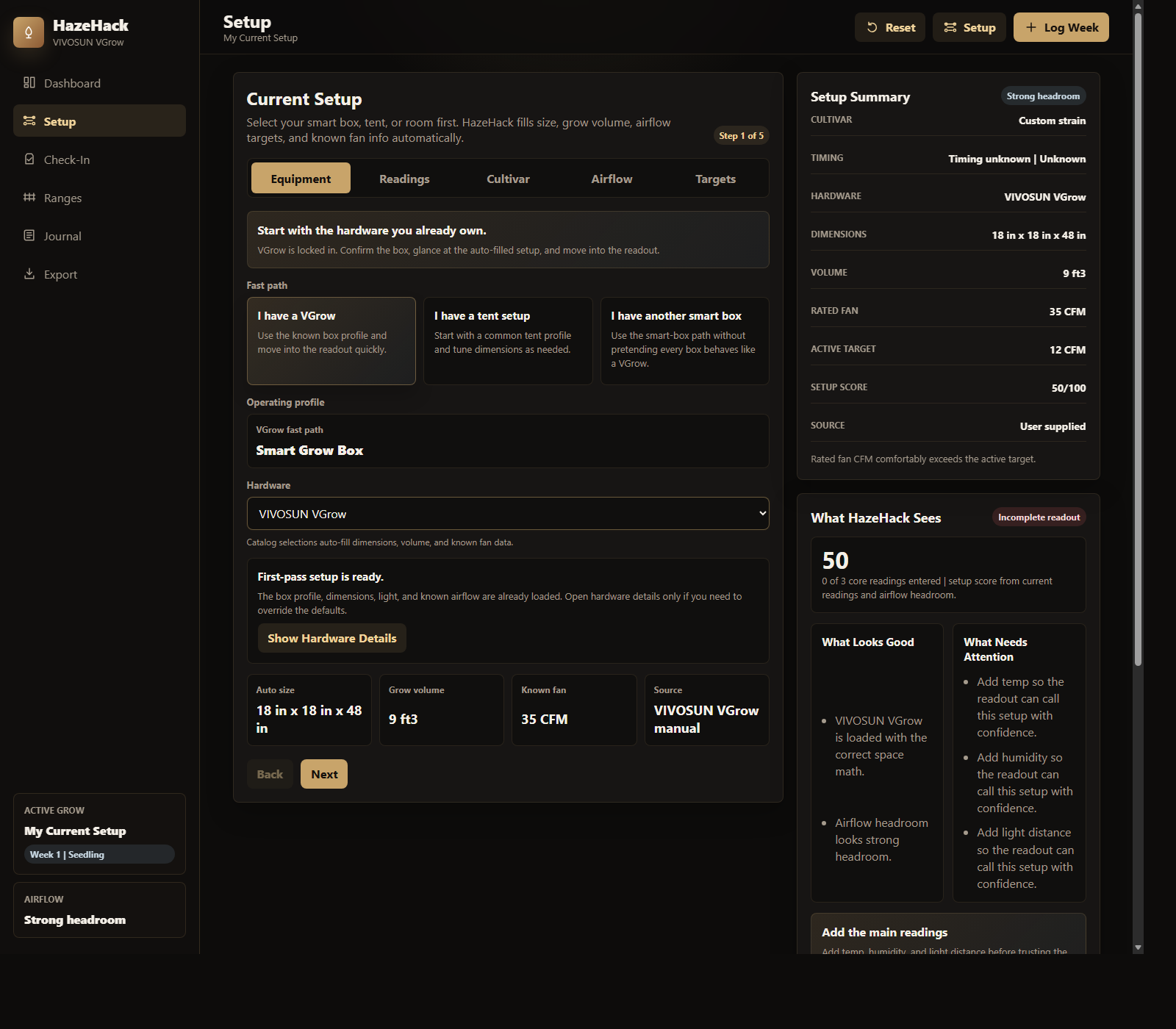 HazeHack app preview with setup guidance, setup summary, and weekly summary.